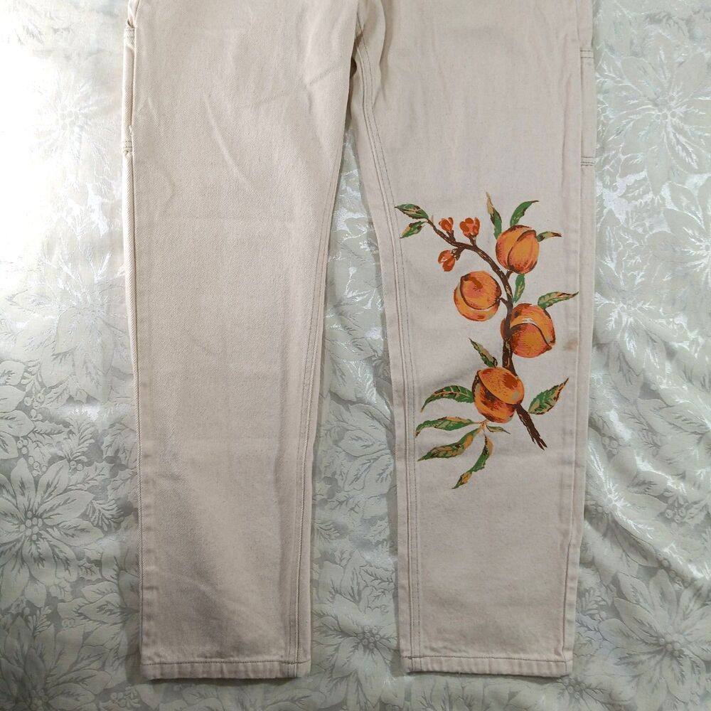 100% Cotton BDG Jeans 29/32 Cream Peach Fruit Print Utility Straight Leg Unisex